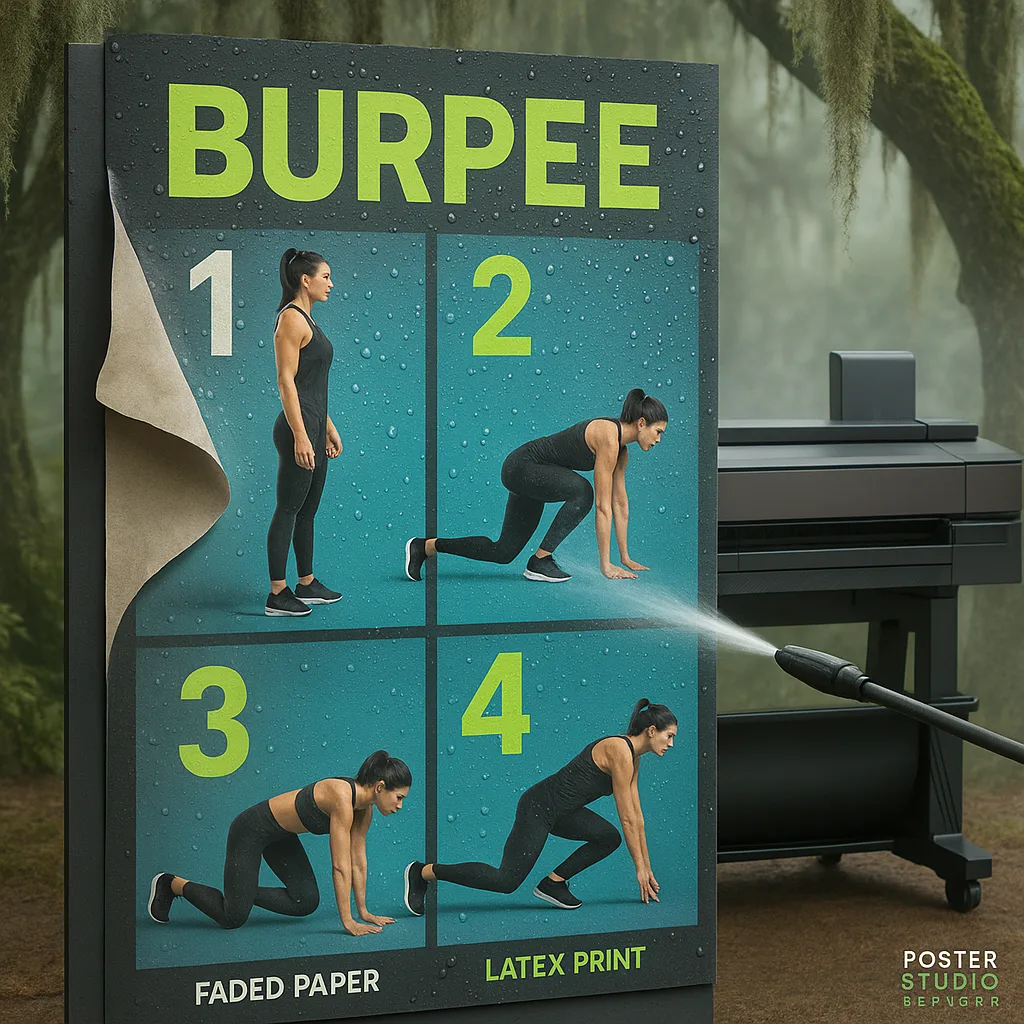 Design a close-up shot of a weather-resistant fitness poster being pressure-washed while maintaining perfect color vibrancy. Show water droplets beading off the latex-printed surface. The poster Design a close-up shot of a weather-resistant fitness poster being pressure-washed while maintaining perfect color vibrancy. Show water droplets beading off the latex-printed surface. The poster