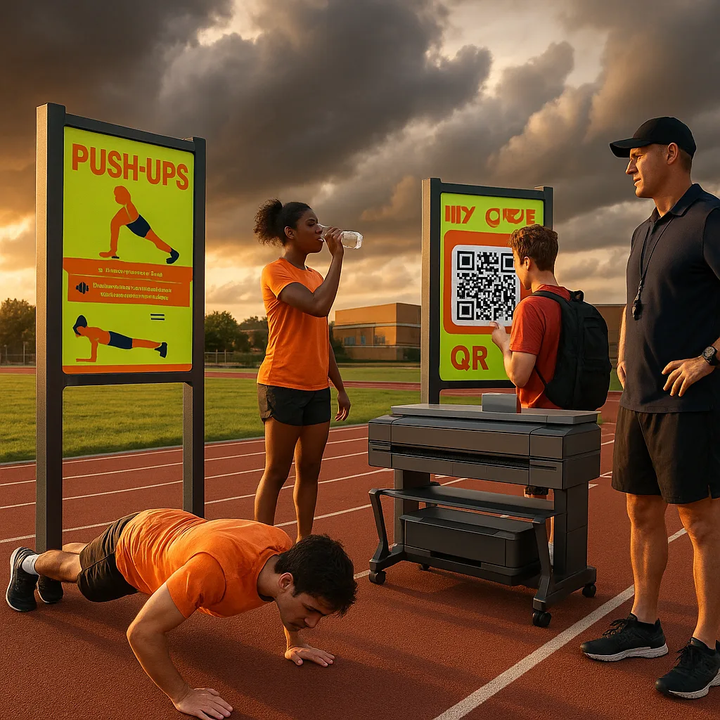 A dynamic outdoor fitness circuit scene at a high school PE facility during golden hour. Show weather-resistant exercise station posters mounted on sturdy posts around a running track. Include