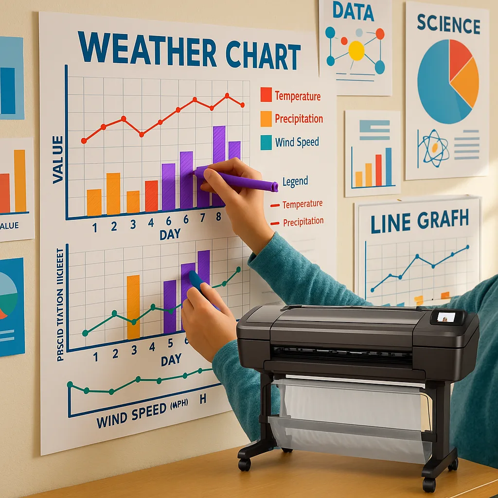 A close-up shot of a student’s hands using colorful markers to update a large interactive data wall poster a weather tracking chart. The poster displays temperature, precipitation, and wind speed A close-up shot of a student's hands using colorful markers to update a large interactive data wall poster a weather tracking chart. The poster displays temperature, precipitation, and wind speed