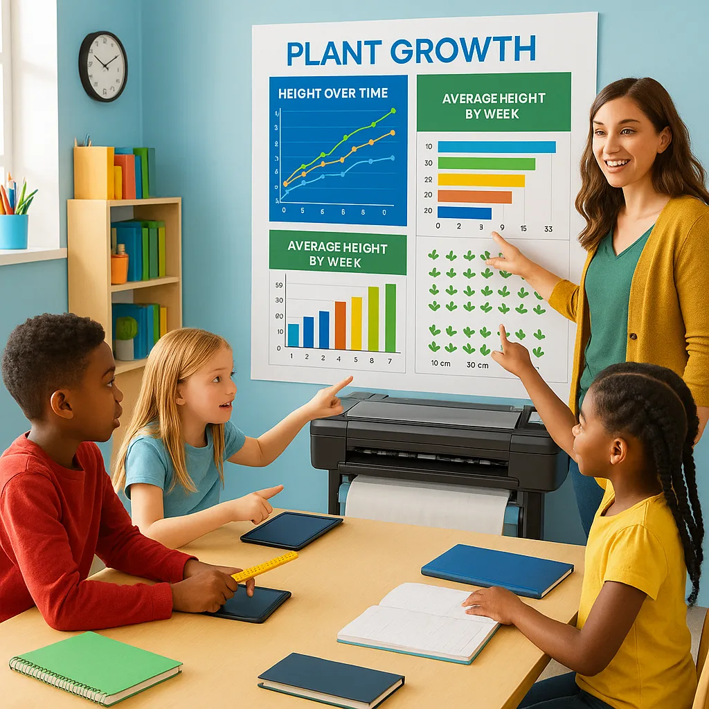 A vibrant, classroom scene diverse K-12 students gathered around a large wall-mounted data visualization poster displaying colorful scientific charts and graphs. The poster shows plant growth data