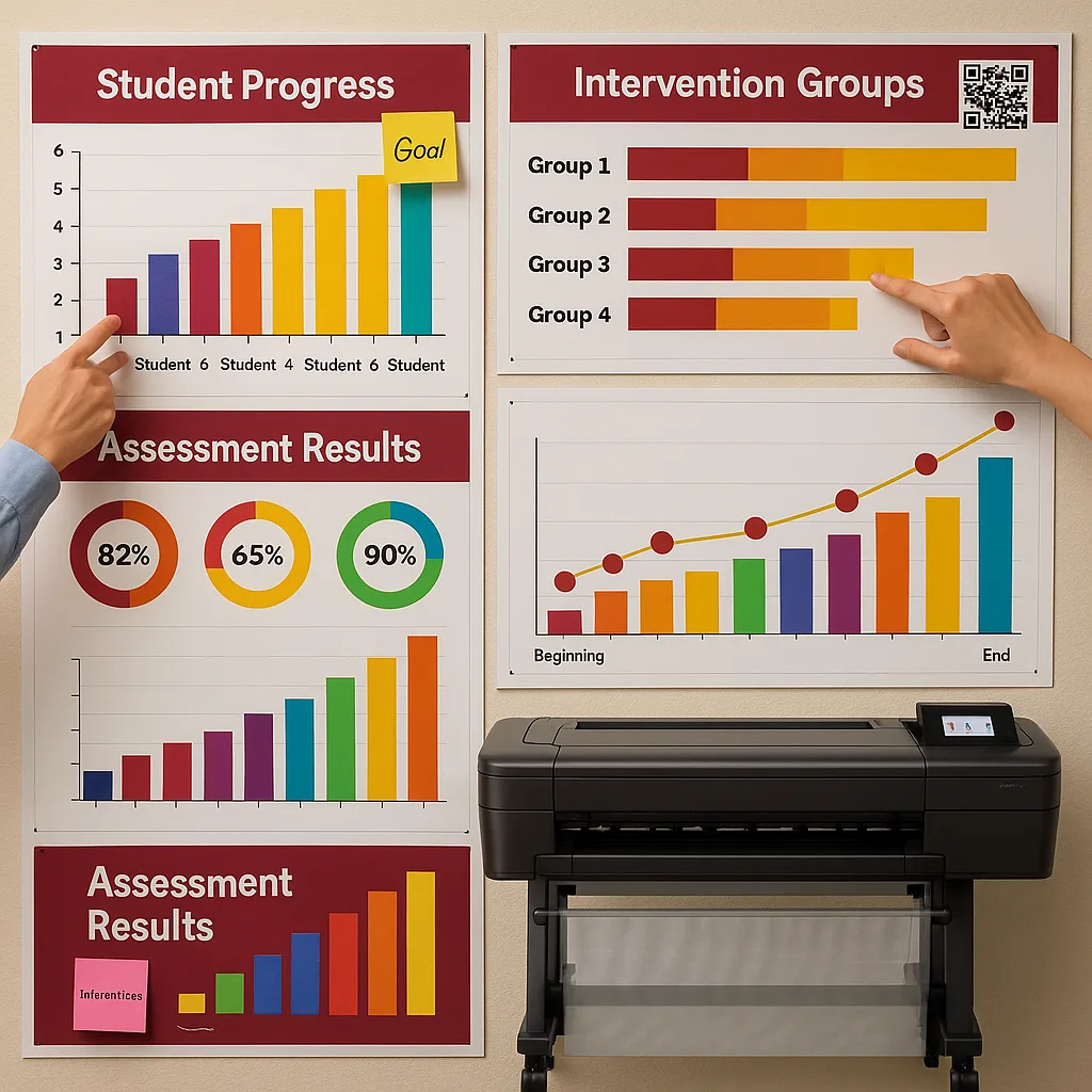 Close-up view of a comprehensive data wall student progress tracking color-coded charts, intervention group displays, and assessment results. Include bar graphs, circular progress indicators, and