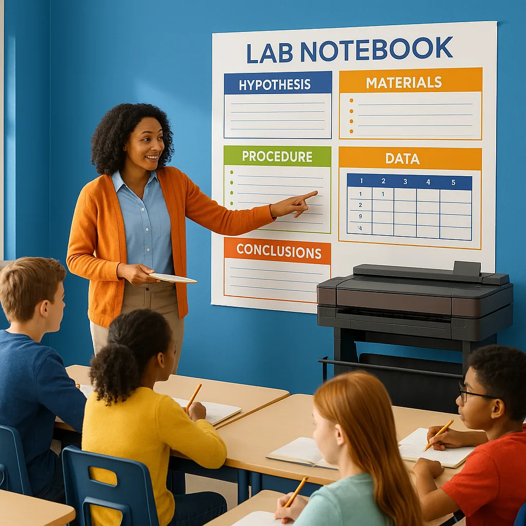 A bright, engaging classroom scene a middle school science teacher pointing to a large wall-mounted lab notebook template poster created a poster printer. The poster displays colorful sections for