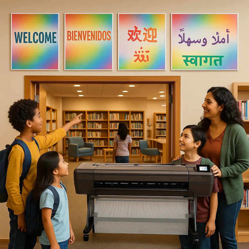 A bright, welcoming library entrance scene multiple colorful welcome posters displayed prominently in various languages English, Spanish, Chinese, Arabic, and Hindi. Show diverse elementary