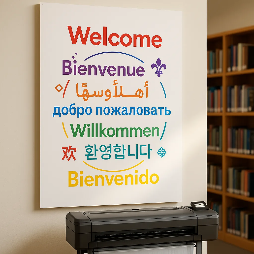 Design a close-up view of a multilingual welcome poster “Welcome” written in 8 different languages arranged in a visually pleasing circular pattern. Each language should use appropriate scripts Design a close-up view of a multilingual welcome poster "Welcome" written in 8 different languages arranged in a visually pleasing circular pattern. Each language should use appropriate scripts