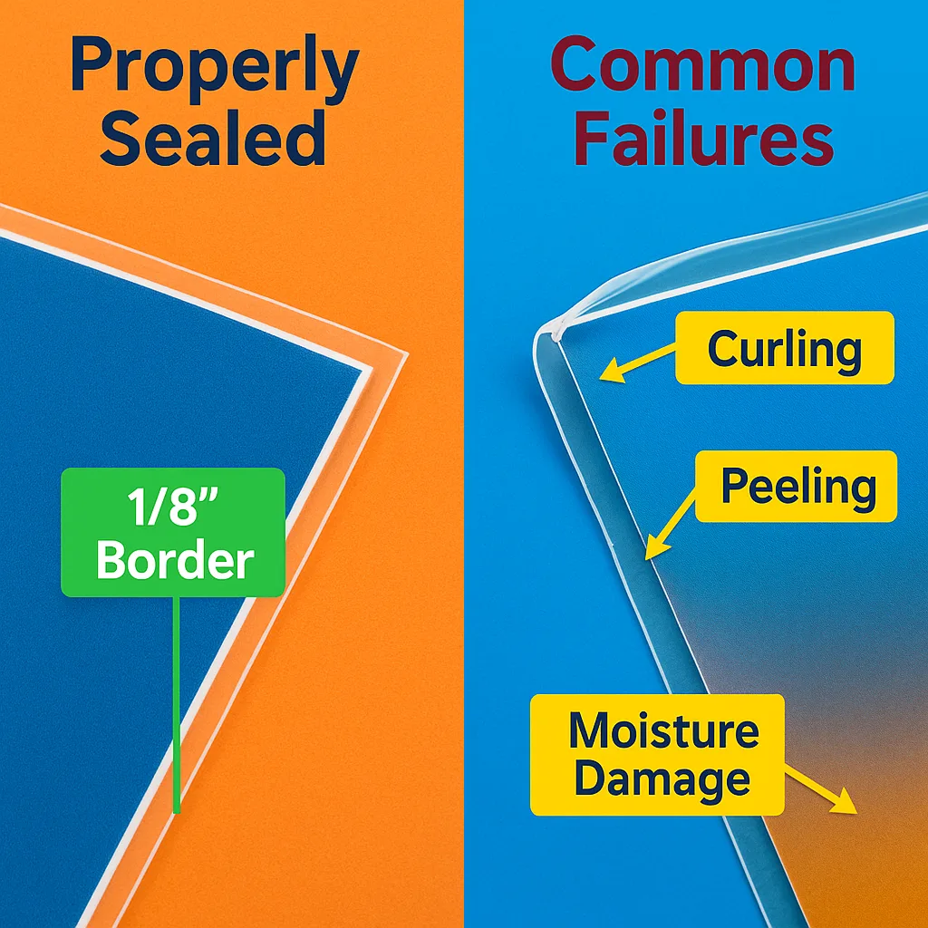Split-screen comparison lamination edge-sealing techniques. Left side displays a close-up of properly sealed laminated poster edges clean, trim. Right side shows common edge-sealing failures like