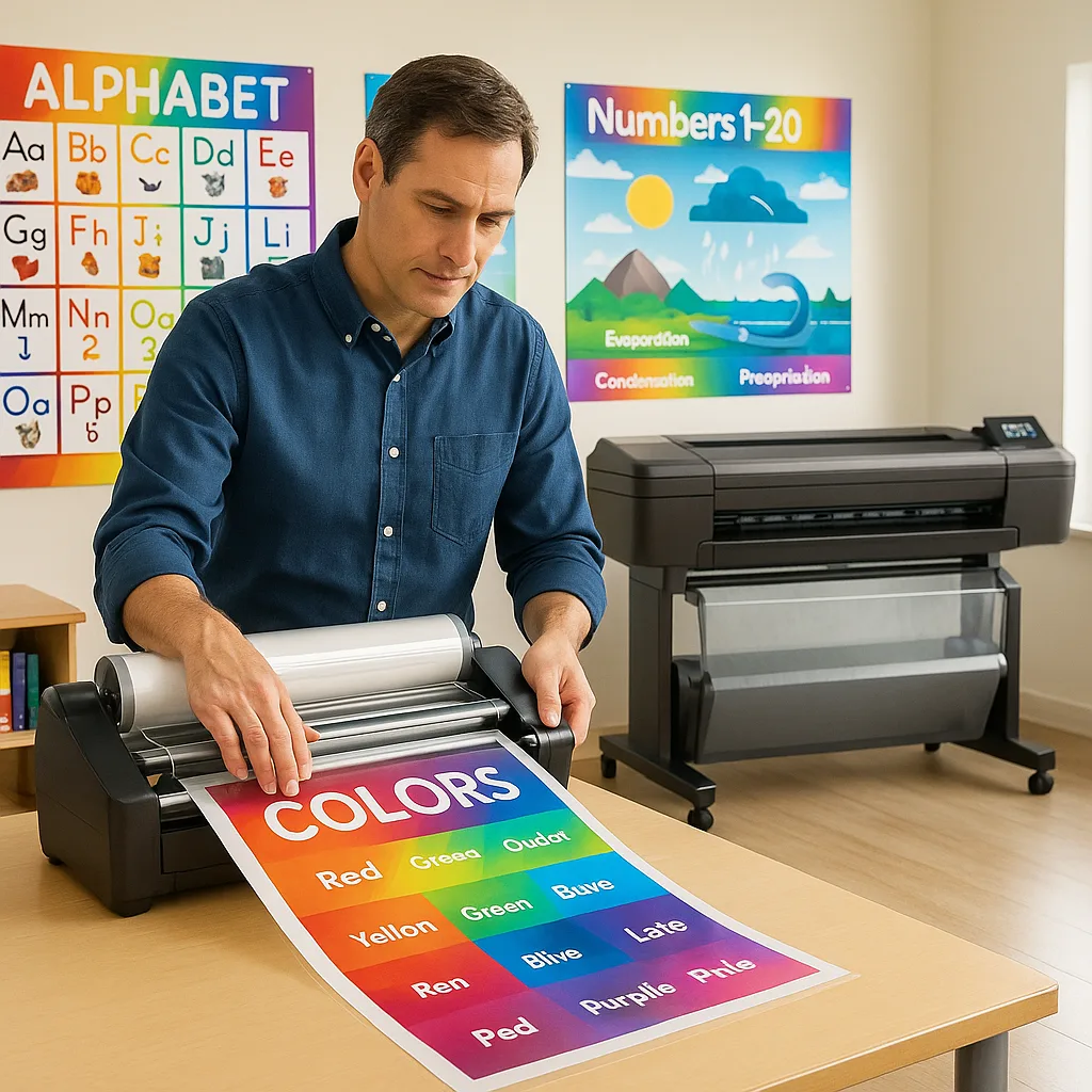 A bright, classroom setting showcasing various laminated educational posters on walls. In the foreground, a teacher is using a laminator to preserve a colorful poster just printed from a desktop