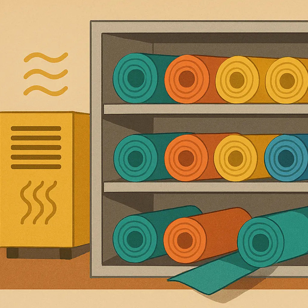 Illustration for California schools showing organized poster paper rolls in a cabinet with a dehumidifier; headline stresses proper storage and notes 40% cost savings.