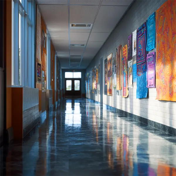 Colorful school posters printed on glossy and matte poster paper hanging in a bright school hallway for student projects and displays