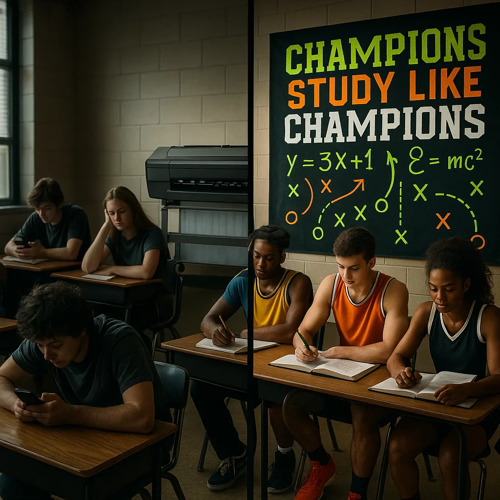 A dynamic split-screen image a high school study hall transformation - left side shows chaotic, disorganized students slouched over desks phones out, right side shows engaged student-athletes