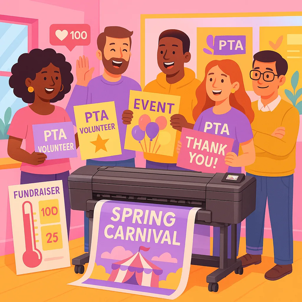 A vibrant, illustration a diverse group of happy PTA parents and volunteers gathered around a large poster printing machine in a school setting. The machine is producing colorful event banners and