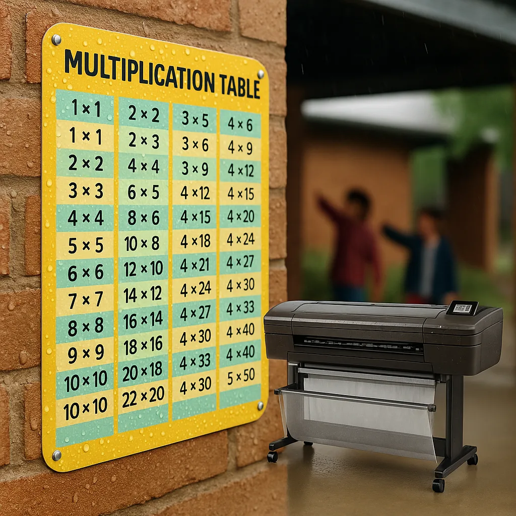 A close-up photograph a weather-resistant multiplication table poster mounted on an outdoor wall during a light rain shower. Water droplets bead up and roll off the poster's surface, demonstrating