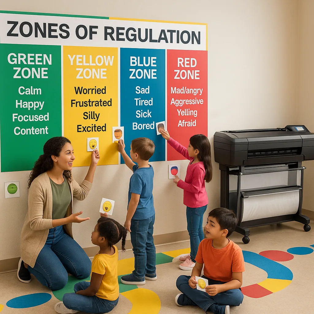 A vibrant, wide-format classroom scene a teacher and diverse elementary students interacting colorful Zones of Regulation wall displays. The image should feature four distinct colored zones