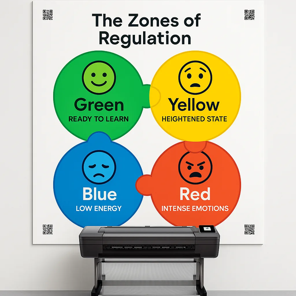 An eye-catching infographic-style poster design the four Zones of Regulation as interconnected circles. Each zone should be clearly labeled its color (Green: Ready to Learn, Yellow: Heightened An eye-catching infographic-style poster design the four Zones of Regulation as interconnected circles. Each zone should be clearly labeled its color (Green: Ready to Learn, Yellow: Heightened