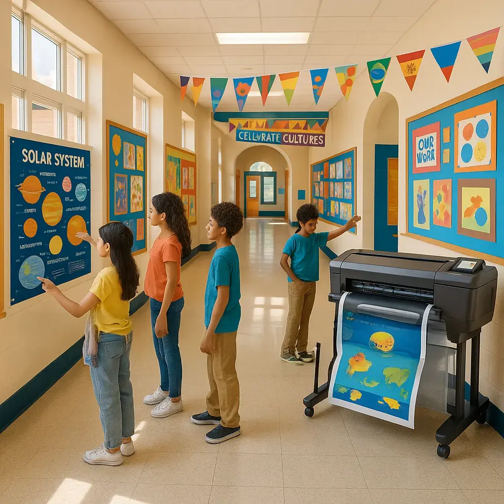 A vibrant, wide-angle photograph of a transformed school hallway colorful educational posters, student artwork displays, cultural celebration banners, and interactive learning stations. A vibrant, wide-angle photograph of a transformed school hallway colorful educational posters, student artwork displays, cultural celebration banners, and interactive learning stations.