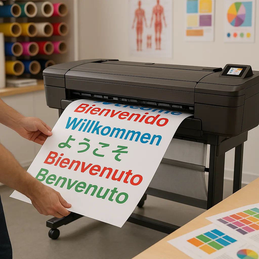 A close-up photograph of hands using a large-format banner printing machine to create a multilingual welcome poster. The image shows colors printing on high-quality paper "Welcome" written in
