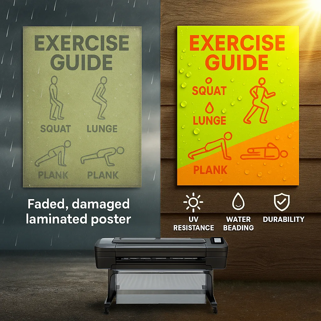 Design a side-by-side comparison a faded, damaged laminated poster on the left versus a vibrant, pristine latex-printed poster on the right, both mounted outdoors. Include weather elements like Design a side-by-side comparison a faded, damaged laminated poster on the left versus a vibrant, pristine latex-printed poster on the right, both mounted outdoors. Include weather elements like