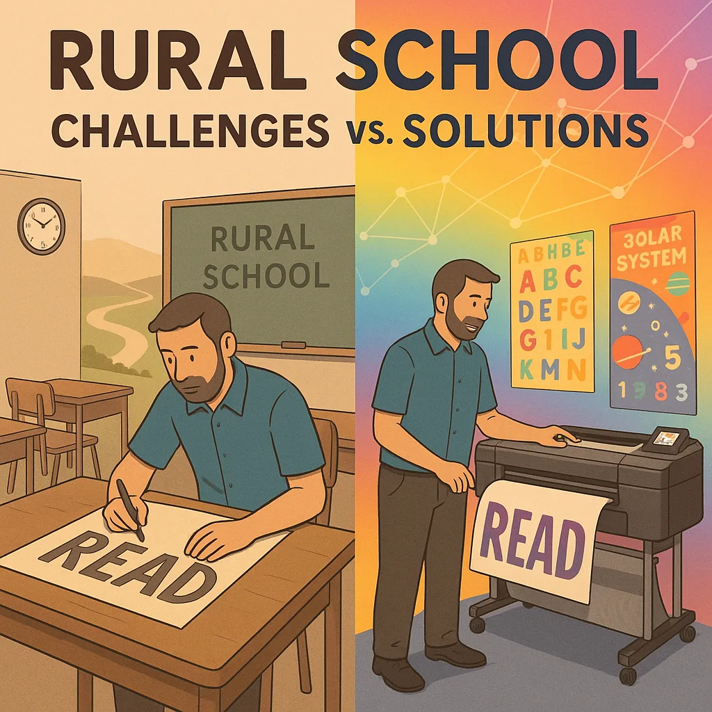 Design a split-scene image the contrast between rural school challenges and solutions. Left side: A teacher in a sparse classroom limited resources, hand-drawing a poster. Right side: The same