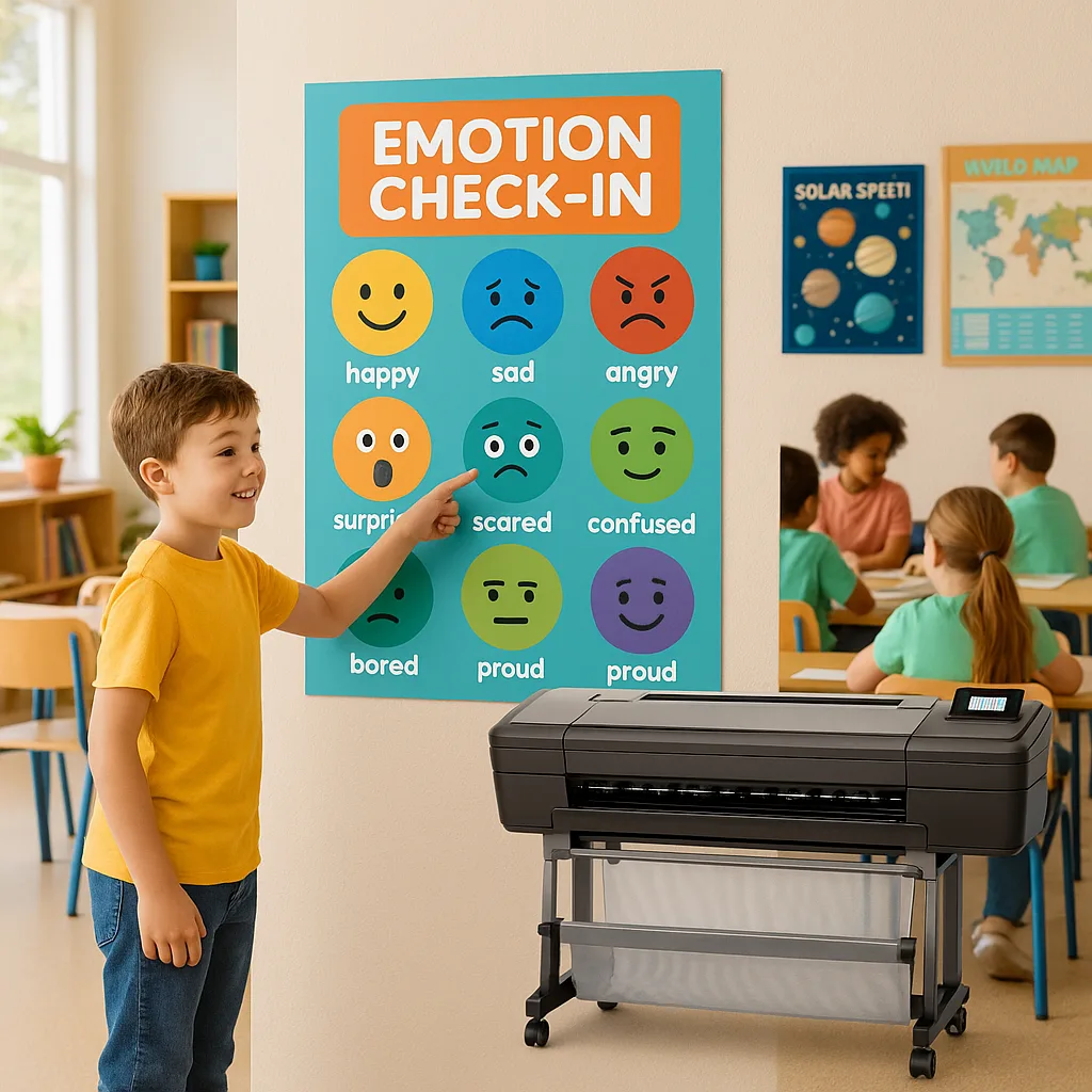 A warm, inviting classroom scene a young student (age 8-10) pointing to a large, colorful emotion check-in poster on the wall. The poster displays various emotion faces labels. Other students are