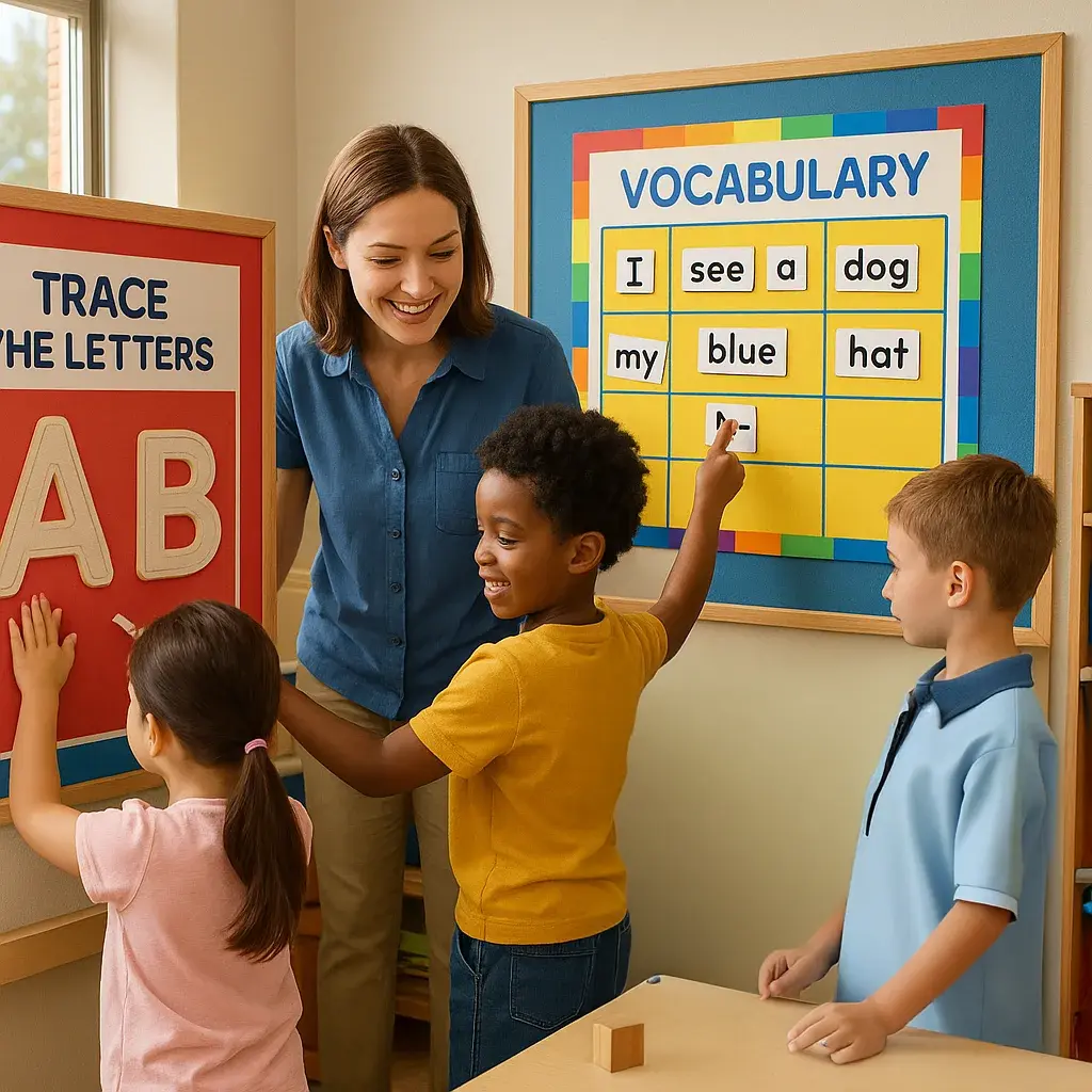 A classroom scene showcasing multiple interactive poster surfaces in action: a teacher and three diverse elementary students (ages 6-8) engaging different poster materials.