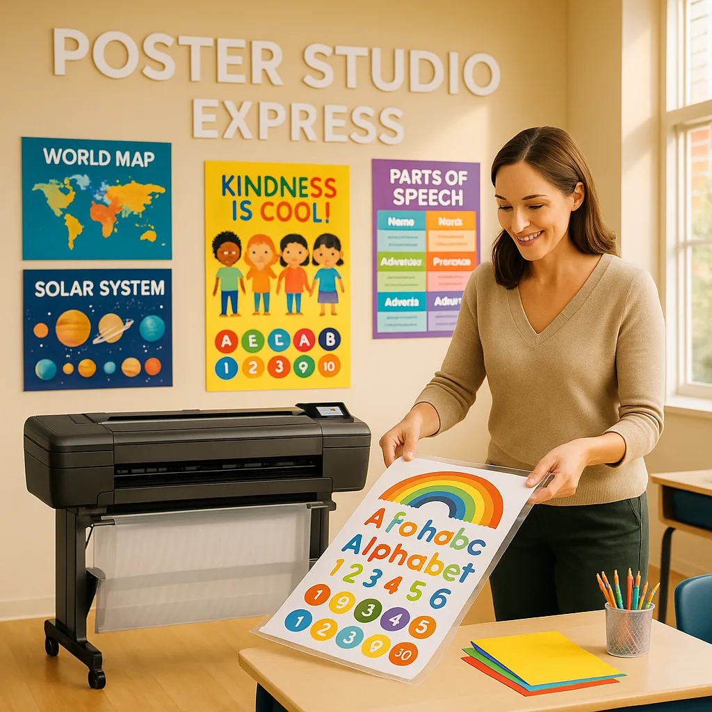 A bright, classroom setting a teacher efficiently using a laminating machine colorful educational posters visible in the background. The scene captures the yet approachable atmosphere of a