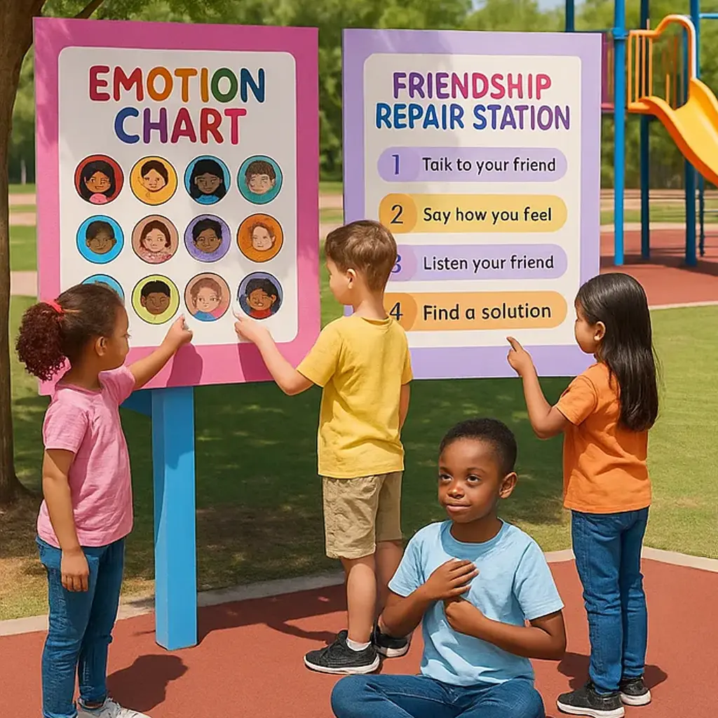 A bright, cheerful playground scene diverse elementary students using colorful visual conflict resolution posters mounted on weather-resistant boards.