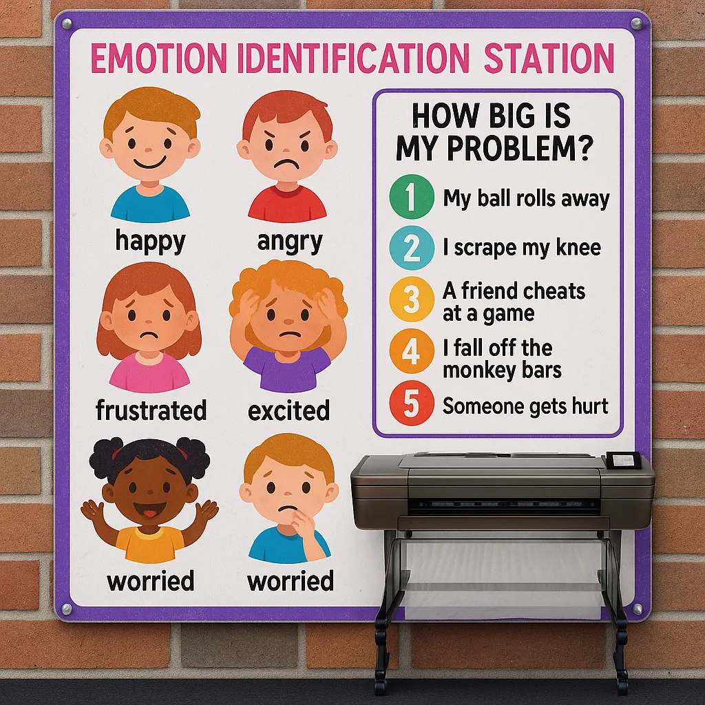 Design a close-up view of an emotion identification station for elementary playgrounds. Show a large weather-resistant poster cartoon faces displaying different emotions (happy, sad, angry, Design a close-up view of an emotion identification station for elementary playgrounds. Show a large weather-resistant poster cartoon faces displaying different emotions (happy, sad, angry,