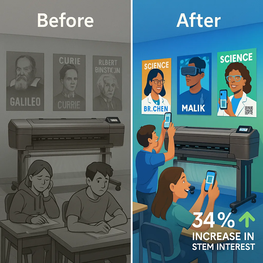 Design a split-screen comparison image "Before and After" STEM classroom environments. Left side: outdated, faded posters historical figures, dim lighting, and disengaged students. Right side: