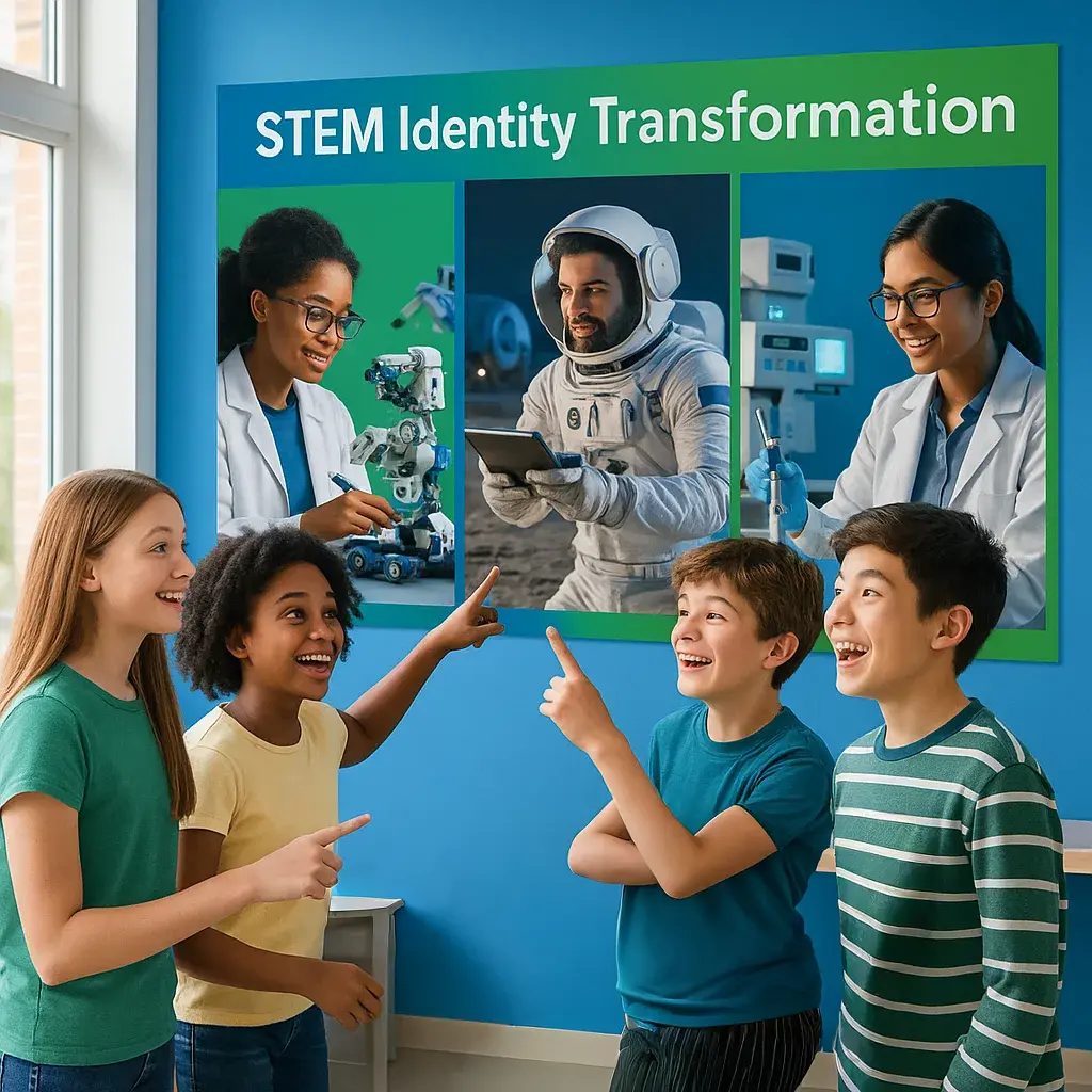 A vibrant, educational scene a diverse group of middle school students (ages 12-14) gathered around large-format STEM posters in a science classroom. A vibrant, educational scene a diverse group of middle school students (ages 12-14) gathered around large-format STEM posters in a science classroom.