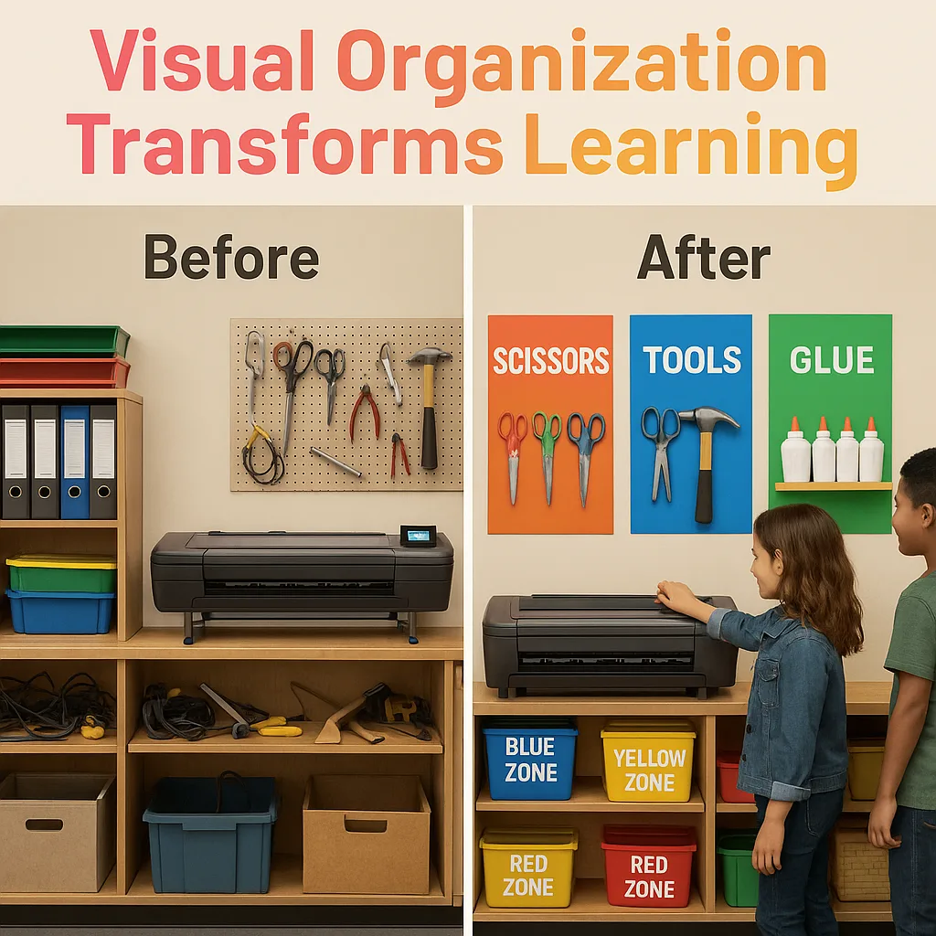 Split-screen comparison "Before" - a cluttered, disorganized classroom storage area tools scattered and no clear labeling, versus "After" - the same space transformed large colorful poster labels,
