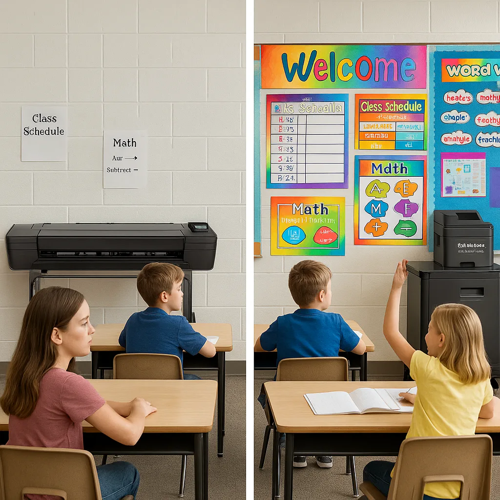Split-screen comparison image the contrast between limited visual resources and abundant visual learning. Left side: sparse classroom few plain text posters, students looking disengaged. Right