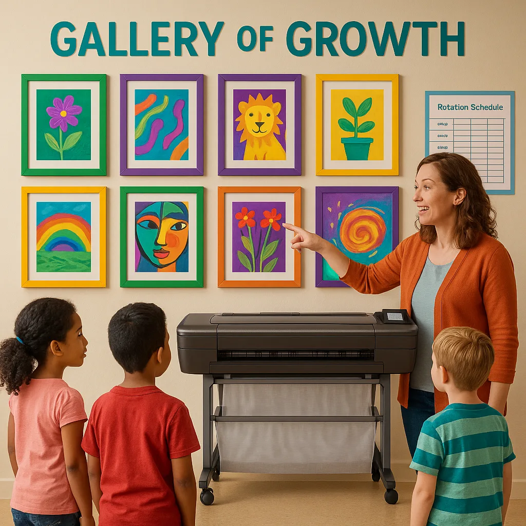 A classroom art wall a diverse array of student artwork displayed in colorful poster frames of equal size. The scene shows children of different ethnicities looking at the display pride, while an
