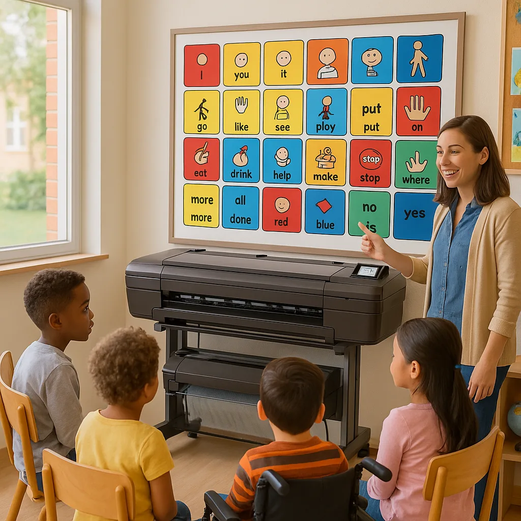 A bright, engaging classroom scene a teacher and diverse students (a child in a wheelchair) gathered around a large, colorful AAC communication board mounted on the wall. The board displays clear