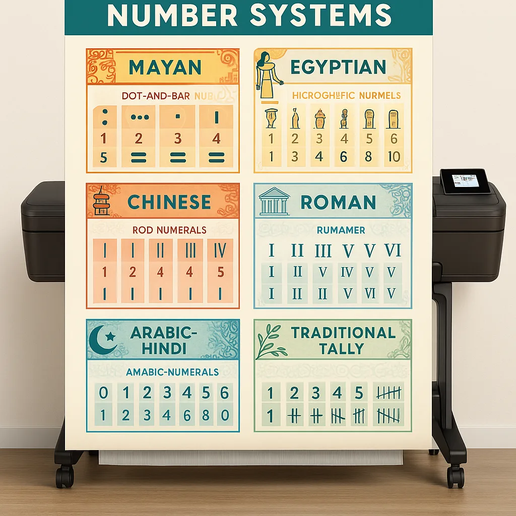 Design a infographic different number systems from around the world arranged in a visually appealing grid layout. Include: Mayan dot-and-bar numerals, Egyptian hieroglyphic numbers, Chinese rod Design a infographic different number systems from around the world arranged in a visually appealing grid layout. Include: Mayan dot-and-bar numerals, Egyptian hieroglyphic numbers, Chinese rod