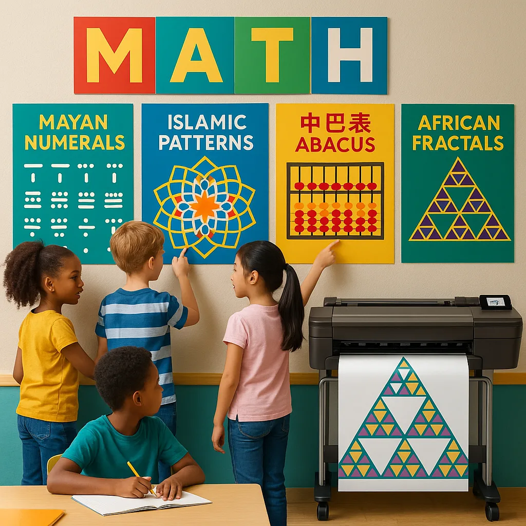 A vibrant, diverse classroom scene a large math wall display multiple mathematical systems and cultural representations. Include visual elements like Mayan numerals, Islamic geometric patterns,