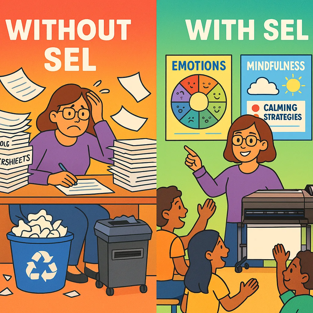 A bright, engaging split-screen illustration using the Suse font. Left side shows a stressed teacher surrounded by stacks of SEL worksheets, papers flying, and a overflowing recycling bin. Right