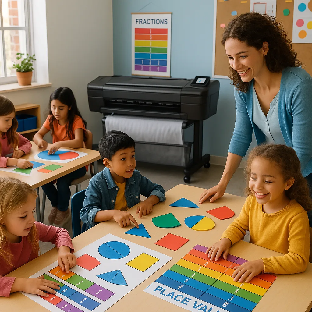 A bright, engaging classroom scene elementary students actively using oversized, colorful math manipulatives printed on poster board. Show fraction bars in rainbow colors, large geometric shapes,