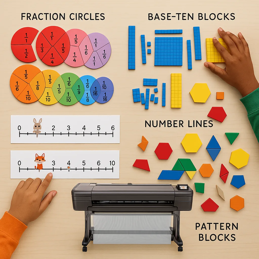 Design a top-down view of a math learning station various printed manipulatives: fraction circles in gradient colors from red to purple, base-ten blocks in blue and yellow, number lines cute