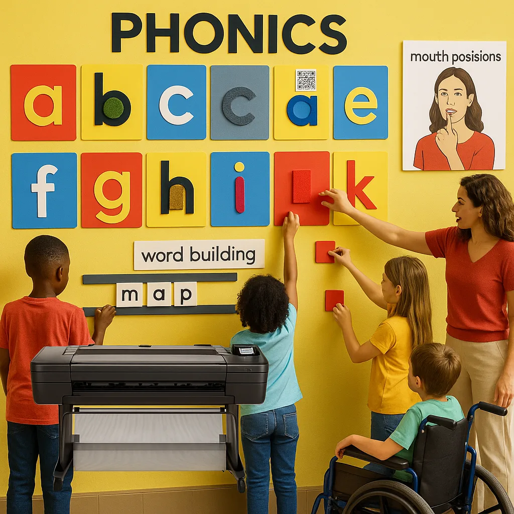 A classroom wall a comprehensive multi-sensory phonics display colorful letter cards at various heights, textured elements, QR codes, and students actively interacting moveable pieces. Use primary