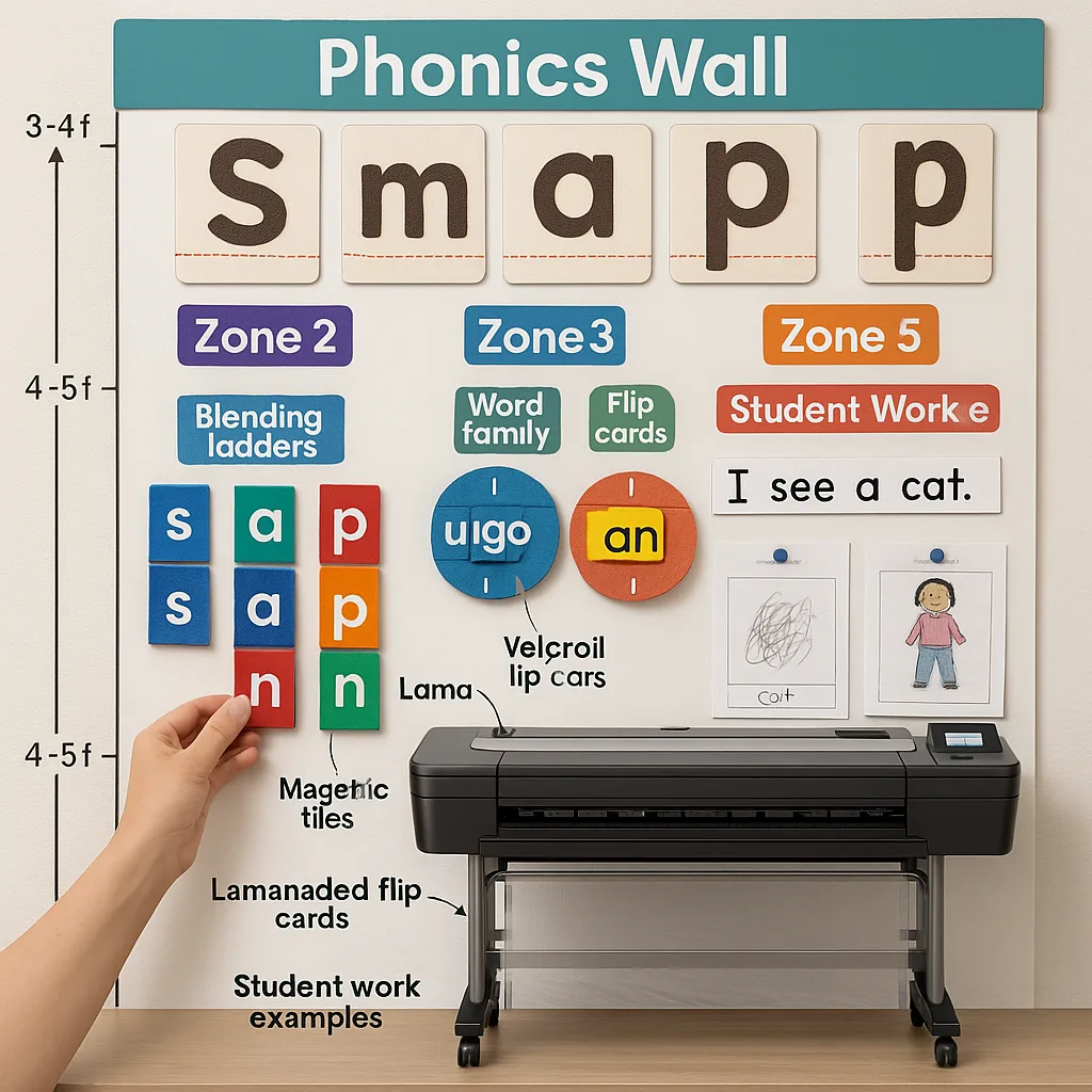Close-up view of a phonics wall section the five-zone layout system. Display Zone 1 large letter cards sandpaper textures, Zone 2 colorful blending ladders, Zone 3 word family wheels, Zone 4 Close-up view of a phonics wall section the five-zone layout system. Display Zone 1 large letter cards sandpaper textures, Zone 2 colorful blending ladders, Zone 3 word family wheels, Zone 4