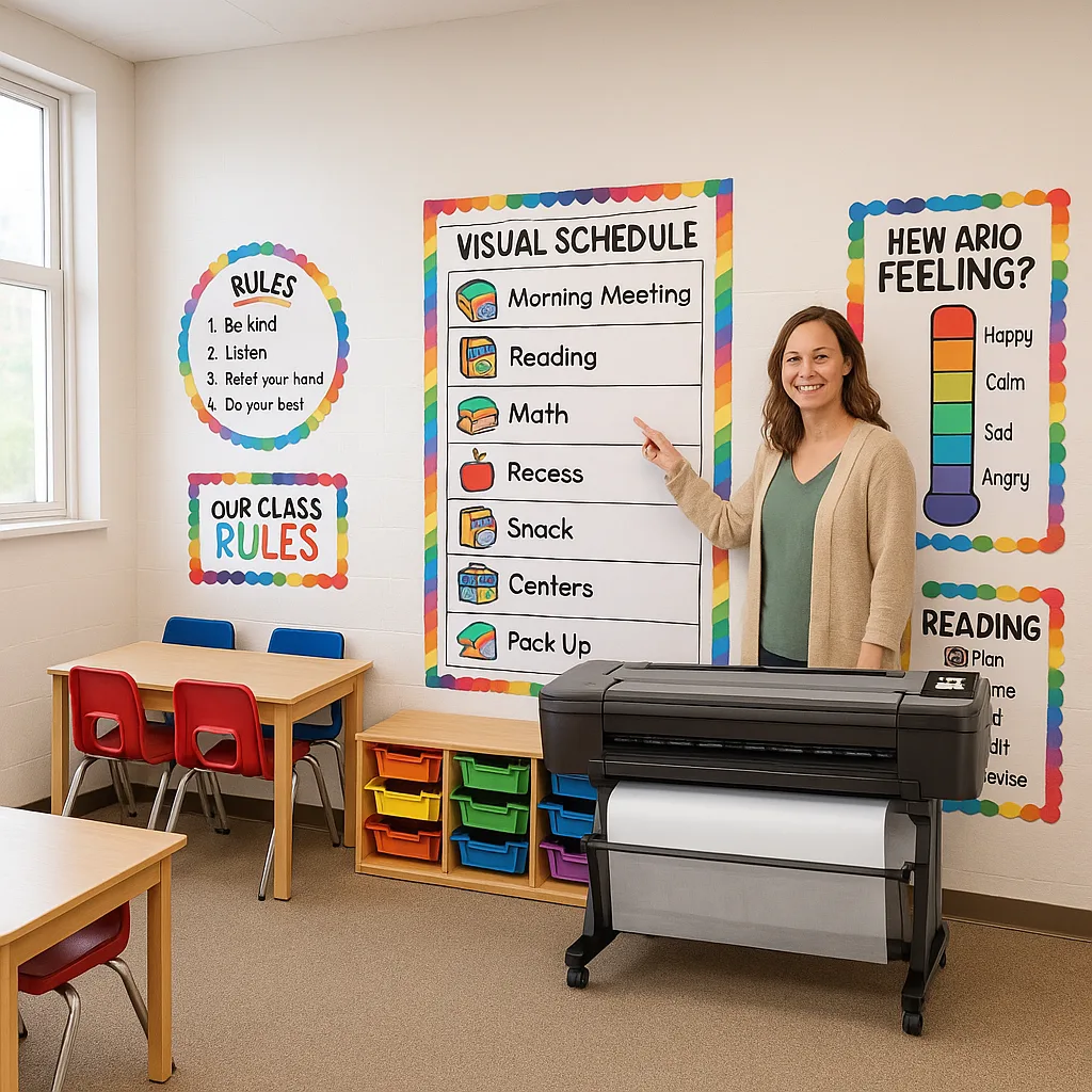 A bright, organized special education resource room a female teacher (mid-30s, warm smile) pointing to a large, colorful visual schedule on the wall. The room features distinct learning stations