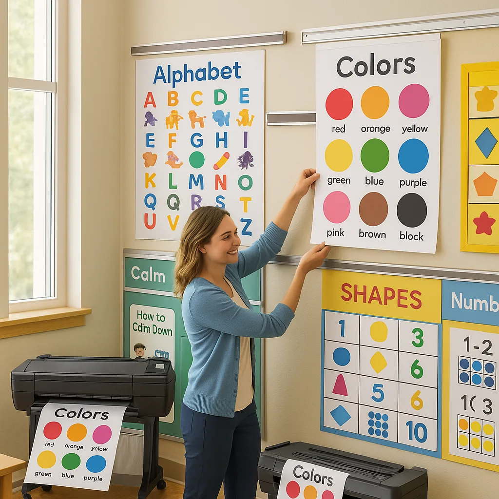 A bright, energetic classroom scene a first-grade teacher effortlessly sliding colorful educational posters into wall-mounted track systems. The teacher wears casual teaching attire in calming