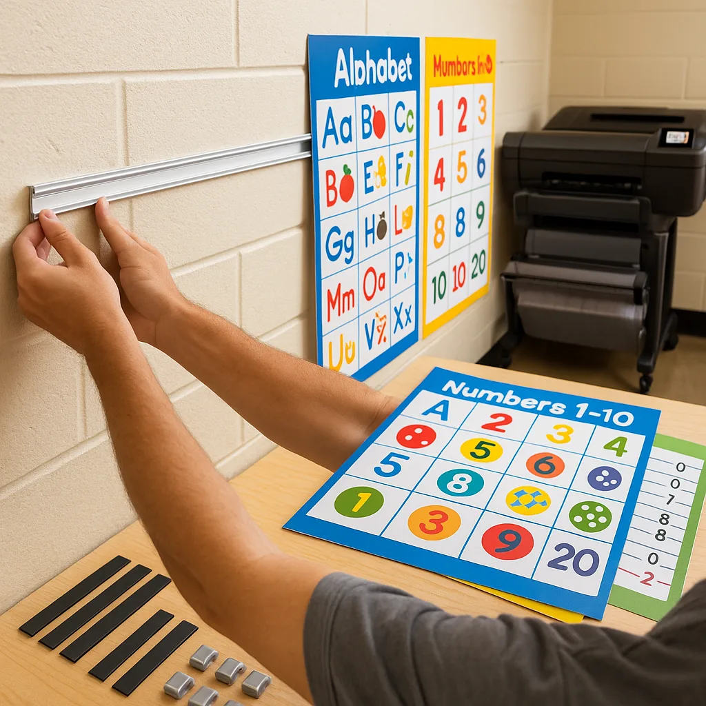 Close-up view of hands installing aluminum track systems on a classroom wall, several educational posters ready to be inserted. Show the track system’s grooves clearly, posters first-grade Close-up view of hands installing aluminum track systems on a classroom wall, several educational posters ready to be inserted. Show the track system's grooves clearly, posters first-grade