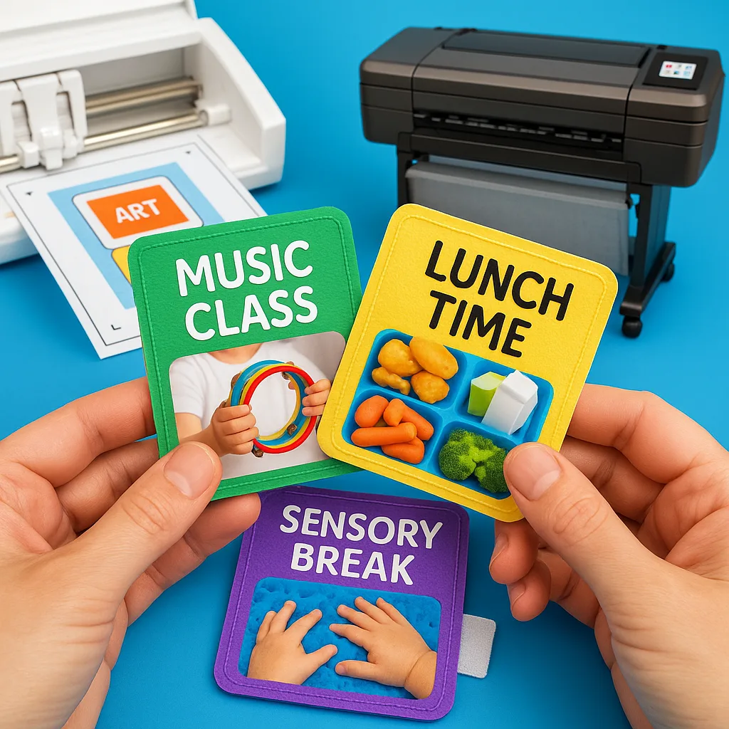 A close-up shot of hands holding various sensory-friendly schedule cards different textures and finishes - some matte, some raised borders, some velcro backing. The cards display activities like