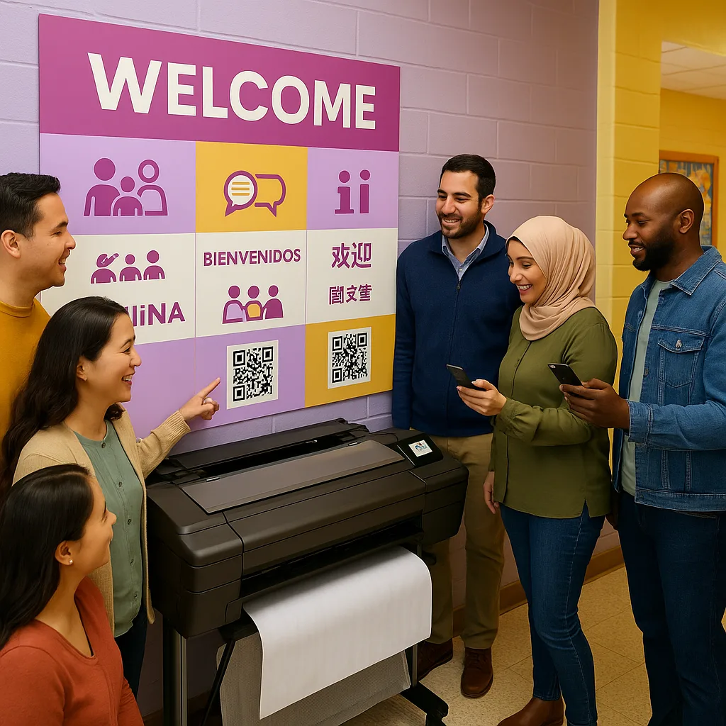 A vibrant, welcoming scene a diverse group of parents (Hispanic, Asian, Middle Eastern, and African families) gathered around a colorful multilingual poster display in a school hallway. The poster