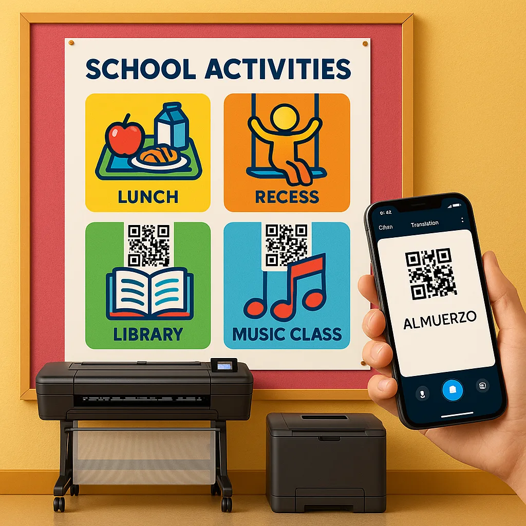 Design a close-up view of a school communication hub a large poster universal pictograms for school activities (lunch, recess, library, music class). Each pictogram should have a QR code beneath