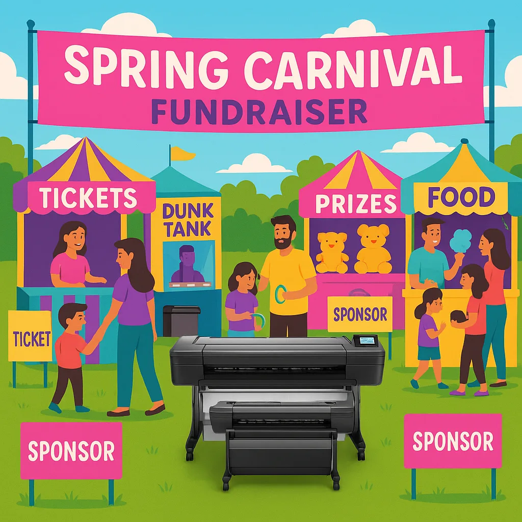 A vibrant, festive spring carnival scene using Google Font 'Suse' for any text. Show a bustling school carnival colorful booth banners, game signs, and food stands all printed signage. Include