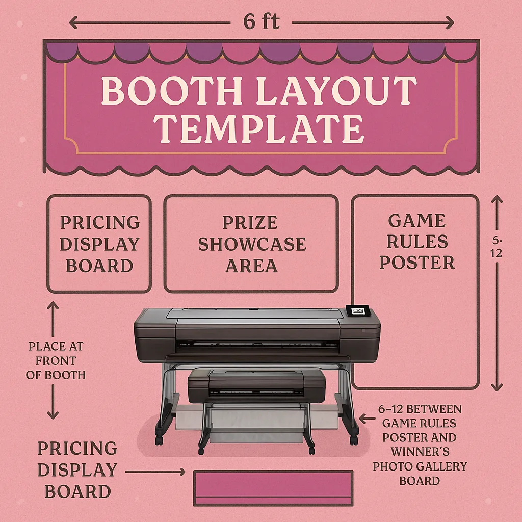 Design a booth layout template using Google Font 'Suse'. Show a top-down view of a carnival game booth labeled areas for: backdrop banner (6 feet wide), pricing display board, game rules poster,