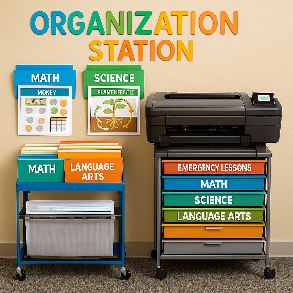 Design a organizational system display using Suse font for labels. Show a rolling cart clearly labeled drawers and folders emergency lesson posters. Include color-coded sections for different Design a organizational system display using Suse font for labels. Show a rolling cart clearly labeled drawers and folders emergency lesson posters. Include color-coded sections for different
