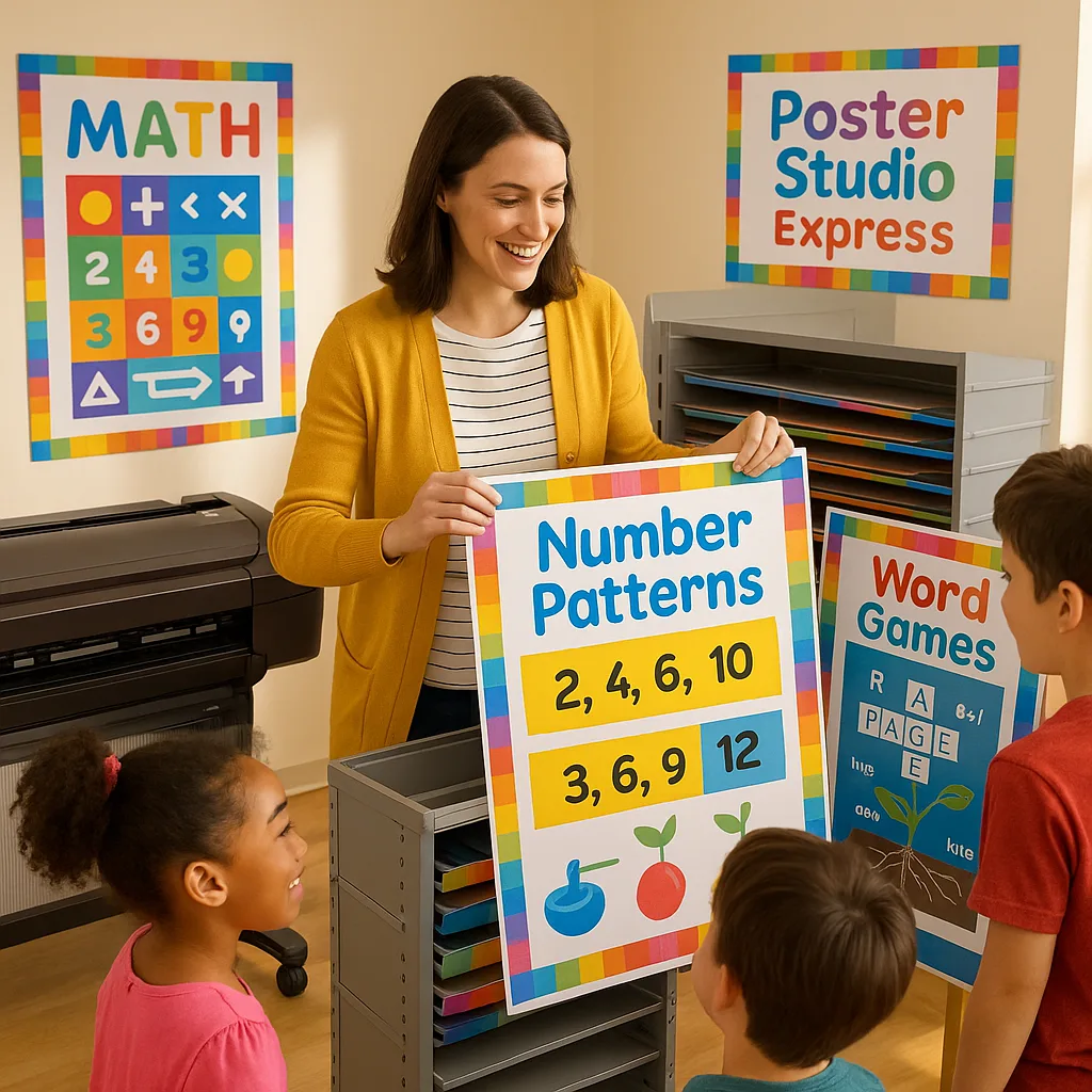 A bright, energetic classroom scene using Suse font for any text. Show a teacher confidently pulling colorful educational posters from an organized storage system while students eagerly gather