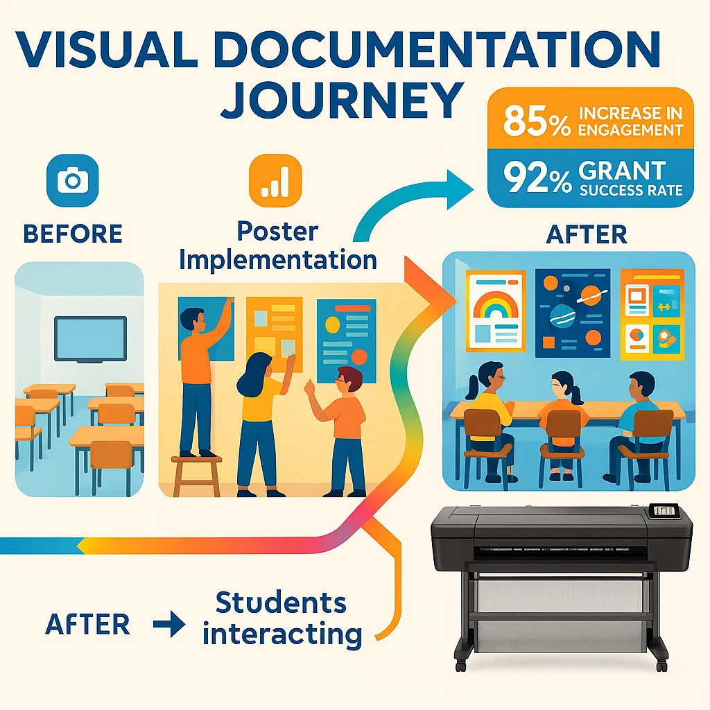 Design an infographic-style image the "Visual Documentation Journey" as a timeline. Start a plain, boring classroom photo labeled "BEFORE" on the left, progressing through stages of poster
